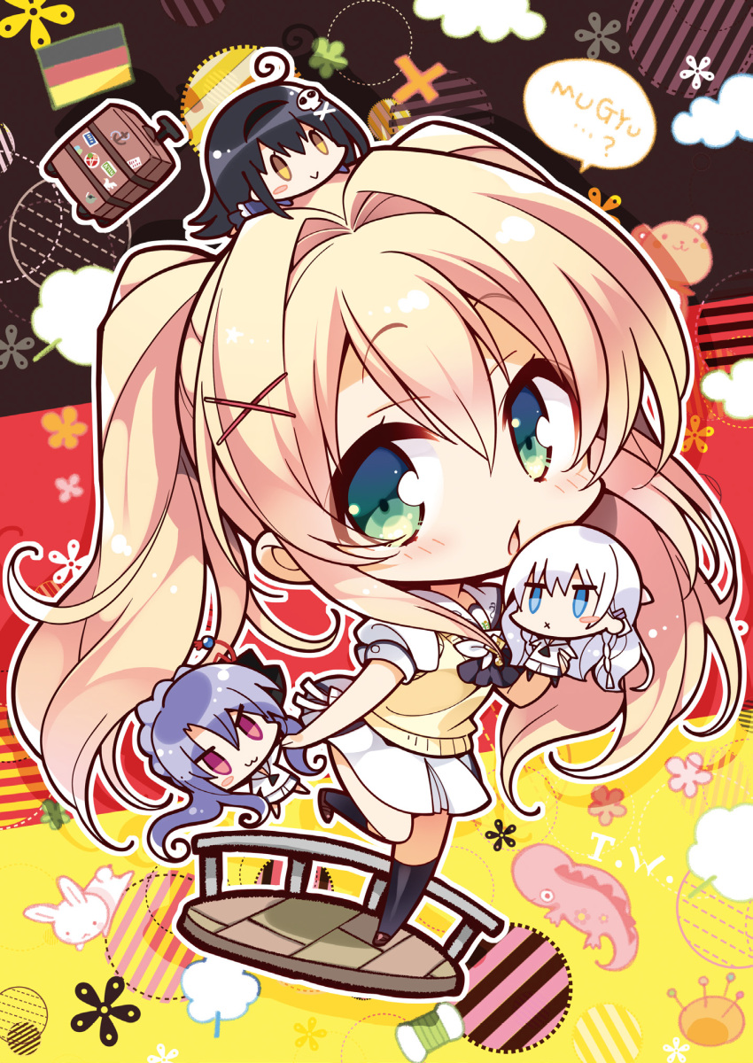4girls :3 :x ahoge ascot black_ascot black_hair black_socks blue_eyes blush_stickers bone_hair_ornament chibi chibi_on_head commentary double-parted_bangs german_flag green_eyes hair_between_eyes hair_intakes hair_ornament highres komowata_haruka kushima_kamome long_hair looking_at_viewer miniskirt multicolored_background multiple_girls naruse_shiroha non-web_source on_head open_mouth puffy_short_sleeves puffy_sleeves red_eyes school_uniform shirt short_sleeves sidelocks simple_background skirt skull_hair_ornament socks solo_focus sorakado_ao speech_bubble standing standing_on_one_leg summer_pockets sweater_vest tareme tsumugi_wenders twintails very_long_hair white_hair white_shirt white_skirt x_hair_ornament yellow_sweater_vest
