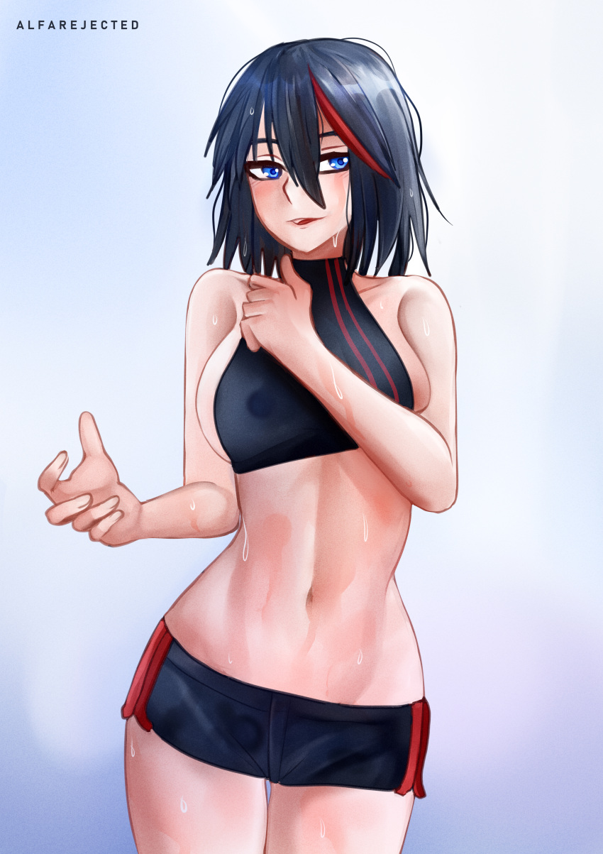 1girl absurdres alfarejected armpits bare_shoulders black_hair blue_eyes breasts collarbone exercise hair_between_eyes highres kill_la_kill looking_to_the_side matoi_ryuuko messy messy_hair multicolored_hair navel open_hand panties parted_lips short_hair short_shorts shorts sideboob signature simple_background solo stomach streaked_hair sweat thighs trigger_(company) two-tone_hair underwear workout_clothes