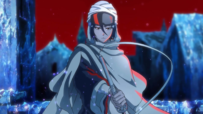 1girl anime_screencap black_hair bleach bleach:_the_thousand-year_blood_war highres ice kuchiki_rukia red_background screenshot shikai snowing solo