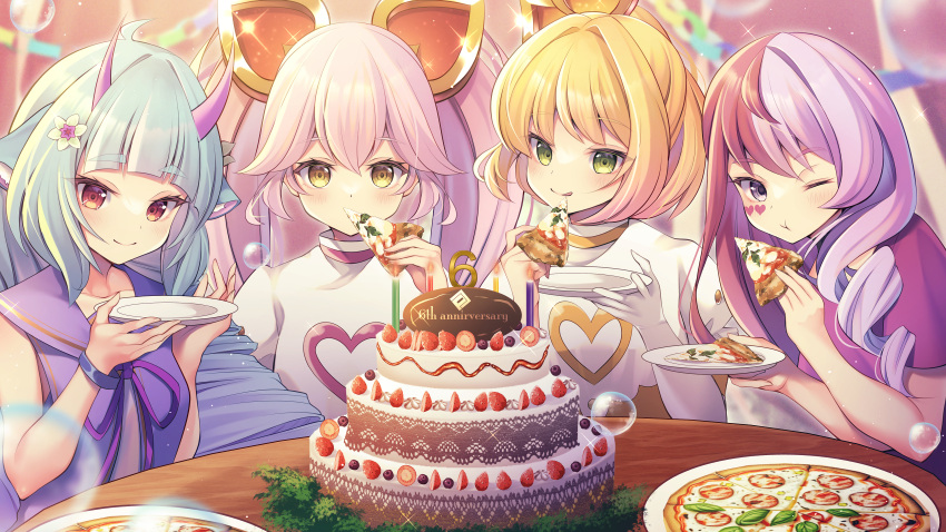 #compass 4girls absurdres animal_ears anniversary blonde_hair blue_hair blunt_bangs blush bracelet brown_eyes bubble cake curly_hair delmin_(show_by_rock!!) drill_hair eating elbow_gloves facial_mark flower food gloves green_eyes hair_flower hair_ornament heart heart_facial_mark highres holding holding_food holding_plate horinatu horns jewelry long_hair looking_at_viewer megumegu multicolored_hair multiple_girls neck_ribbon one_eye_closed pink_hair pizza plate red_hair ribbon ririka_(#compass) ruruka_(#compass) sailor_collar short_hair short_sleeves show_by_rock!! smile split-color_hair table tongue tongue_out twintails two-tone_hair yellow_eyes