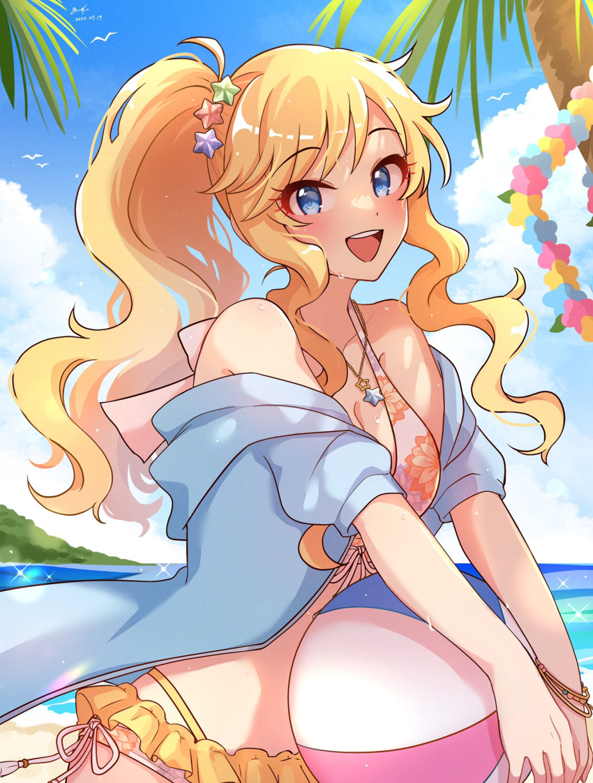 1girl :d ball bare_shoulders beach beachball bikini bird blonde_hair blue_eyes blue_jacket blue_sky blush bow breasts cleavage cloud collarbone dated day dot_nose floral_print flower_wreath front-tie_bikini_top front-tie_top grk_11601 hair_bow hair_ornament highres holding holding_ball holding_beachball horizon idolmaster idolmaster_cinderella_girls idolmaster_cinderella_girls_starlight_stage jacket jewelry long_hair looking_at_viewer medium_breasts mountain multiple_bracelets necklace ocean off_shoulder ohtsuki_yui open_clothes open_jacket open_mouth outdoors palm_tree pink_bikini ponytail print_bikini sarong seagull side-tie_bikini_bottom signature sky smile solo sparkle star_(symbol) star_hair_ornament star_necklace swimsuit teeth tree upper_body upper_teeth_only wavy_hair wet yellow_sarong