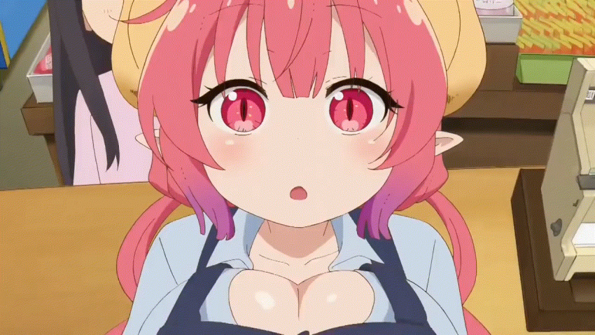 1girl animated animated_gif anime_screencap apron black_apron blue_shirt bouncing_breasts breasts cleavage collarbone collared_shirt downblouse dragon_girl dragon_horns employee_uniform from_above horns huge_breasts ilulu_(maidragon) kobayashi-san_chi_no_maidragon long_hair looking_at_viewer looping_animation multicolored_hair neck oppai_loli parted_lips pink_hair pointy_ears pov purple_hair red_eyes red_hair shirt short_sleeves sidelocks slit_pupils solo standing twintails uniform yellow_horns