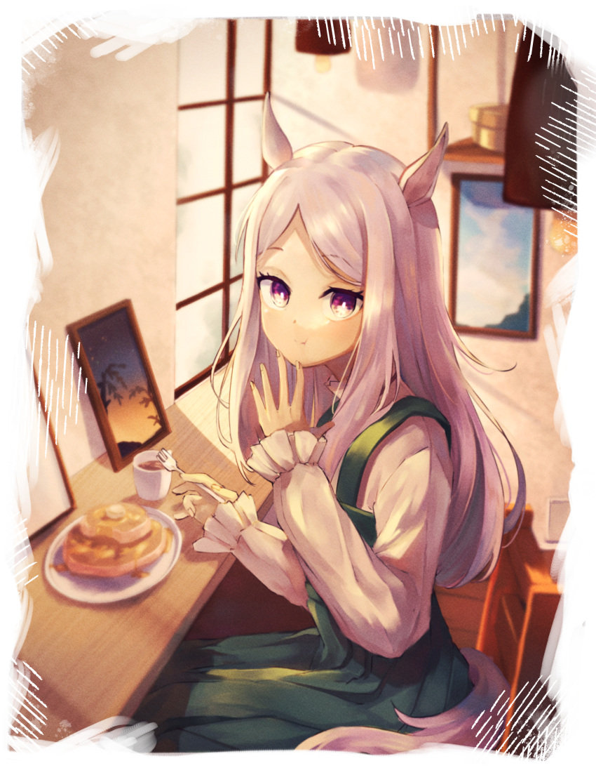 1girl absurdres animal_ears blurry blurry_background blush border closed_mouth coffee_mug commentary_request cup dress eating food fork green_dress highres holding holding_fork horse_ears horse_girl horse_tail indoors isana615 lamp long_sleeves looking_at_viewer mejiro_mcqueen_(umamusume) mug on_chair pancake pancake_stack picture_frame plate purple_eyes purple_hair sitting solo table tail umamusume white_border window windowsill wooden_chair wooden_floor wooden_table