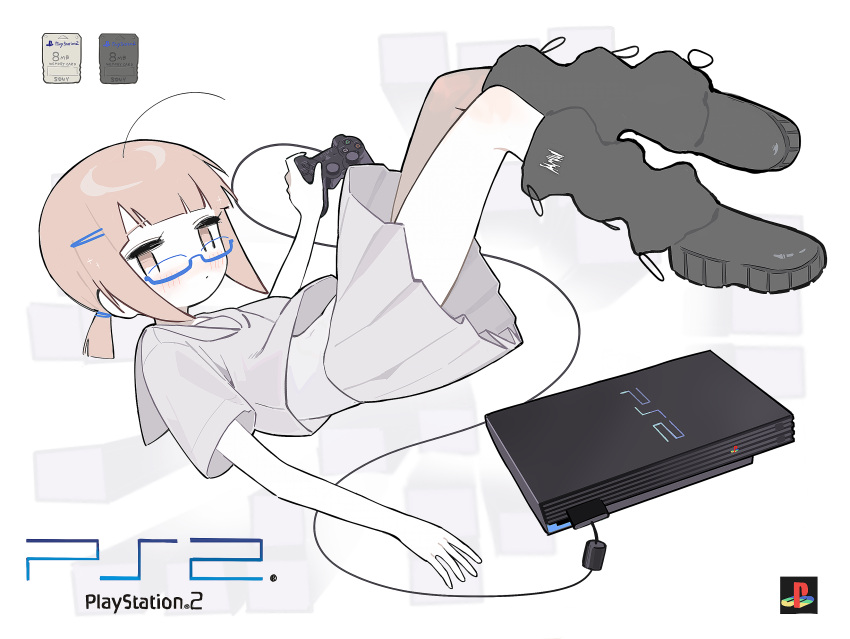 1girl absurdres ahoge black_footwear black_leg_warmers blunt_bangs blush brown_eyes brown_hair commentary controller dot_mouth dualshock floating from_side full_body game_console game_controller gamepad glasses grey_sailor_collar grey_serafuku grey_skirt hair_ornament hairclip hand_up highres holding holding_controller holding_game_controller knee_blush leg_warmers looking_at_viewer looking_to_the_side low_ponytail memory_card midriff_peek myomuron navel original playstation_2 playstation_controller playstation_logo pleated_skirt sailor_collar school_uniform serafuku shoes short_ponytail short_sleeves sidelocks skirt solo