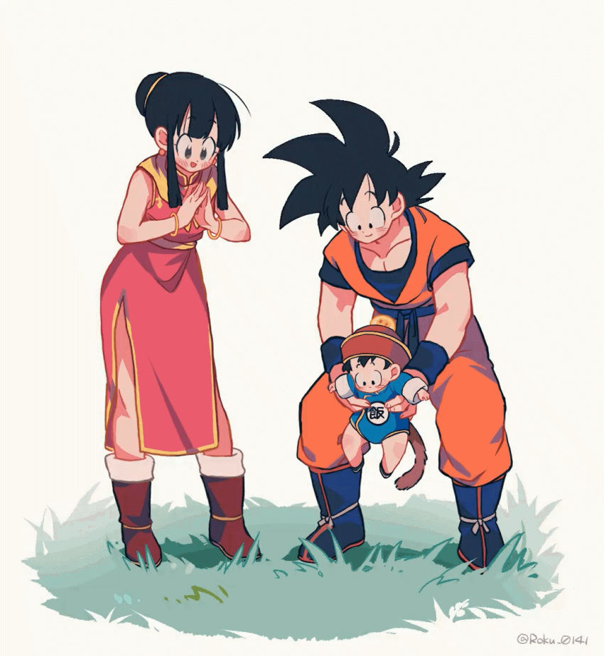 1girl 2boys animated animated_gif baby black_eyes black_hair boots bracelet carrying carrying_person chi-chi_(dragon_ball) child chinese_clothes dougi dragon_ball dragon_ball_z father_and_son fur_trim grass holding_baby husband_and_wife jewelry mother_and_son multiple_boys on_grass pectorals resisting roku_(roku_0141) saiyan saiyan_tail short_hair simple_background smile son_gohan son_goku spiked_hair tail white_background wristband