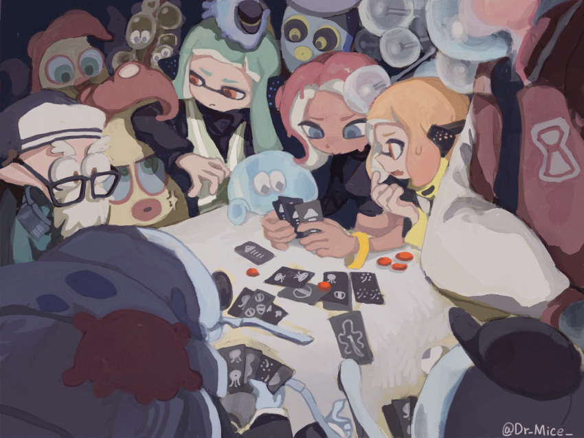 agent_3_(splatoon) agent_4_(splatoon) agent_8_(splatoon) black-framed_eyewear black_headwear cap'n_cuttlefish card character_request closed_mouth dark-skinned_female dark_skin dr_mice facial_hair glasses green_hair hat headphones highres holding holding_card inkling inkling_girl jacket jellyfish_(splatoon) long_hair long_sleeves multiple_girls octoling octoling_girl octotrooper open_mouth orange_hair playing_card red_hair splatoon_(series) sweat tentacle_hair tentacles twitter_username white_headwear