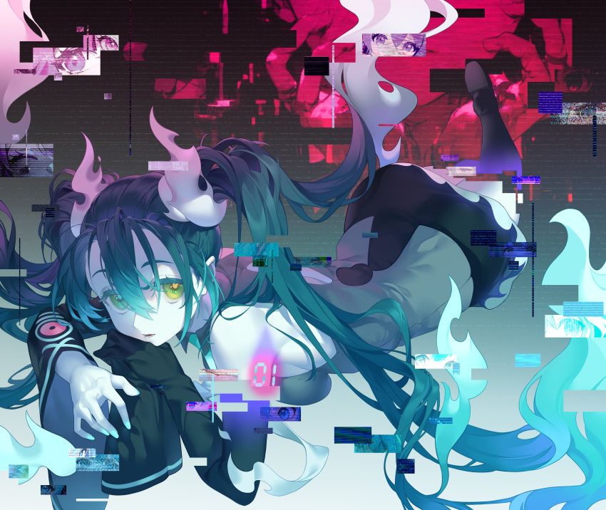 1girl absurdres aqua_hair black_thighhighs detached_sleeves ghost ghost_miku_(project_voltage) glitch grey_shirt hair_between_eyes hatsune_miku highres long_hair looking_at_viewer may_(2747513627) pale_skin pokemon project_voltage shirt skirt thighhighs twintails very_long_hair vocaloid will-o'-the-wisp_(mythology) yellow_eyes