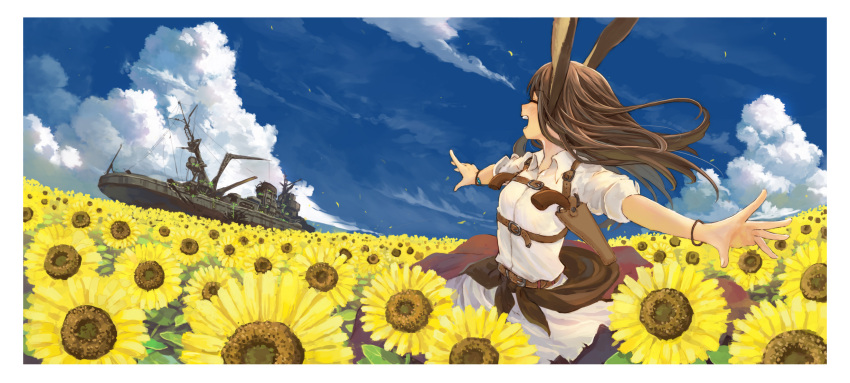 1girl animal_ears battleship belt blue_sky border bracelet breasts brown_hair closed_eyes cloud collared_shirt commentary cowboy_shot day facing_to_the_side field floating_hair flower flower_field gun handgun happy highres holster holstered jewelry long_hair military_vehicle moss multiple_belts nature open_mouth original outdoors outstretched_arms overgrown petals profile rabbit_ears rabbit_girl red_skirt sash ship shirt shoulder_holster skirt sky sleeves_rolled_up small_breasts solo spread_arms standing sunflower suzuke untucked_shirt warship watercraft weapon wind yellow_flower