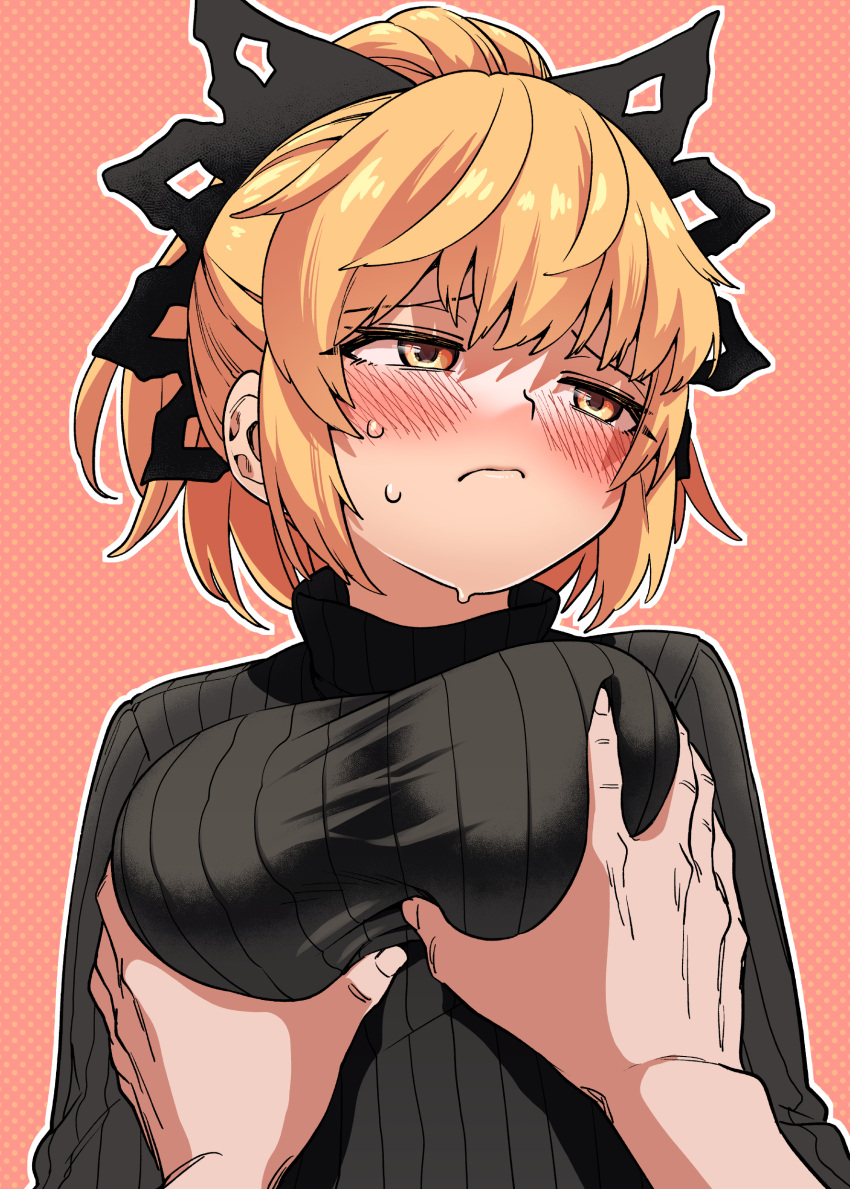 1girl absurdres alternate_costume black_bow black_sweater blonde_hair blush bow breasts closed_mouth commentary_request fuuzasa grabbing grabbing_another's_breast hair_bow highres kurodani_yamame large_breasts pink_background polka_dot polka_dot_background ponytail pov pov_hands ribbed_sweater short_hair solo sweater touhou turtleneck turtleneck_sweater yellow_eyes