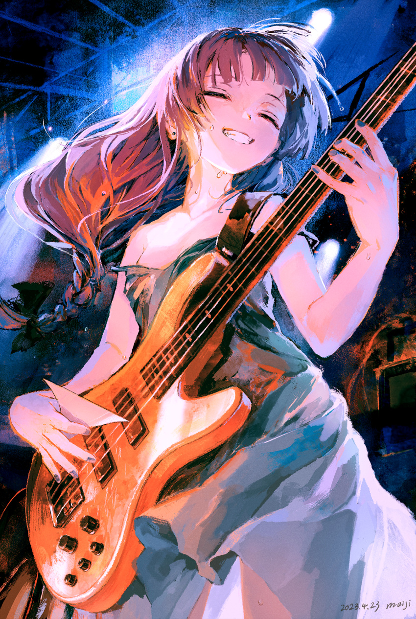 artist_name bass_guitar bocchi_the_rock! breasts closed_eyes dated dress fingernails green_dress grin highres hiroi_kikuri instrument low-braided_long_hair maij music nail_polish playing_instrument purple_hair sleeveless sleeveless_dress small_breasts smile stage stage_lights strap_slip sweatdrop