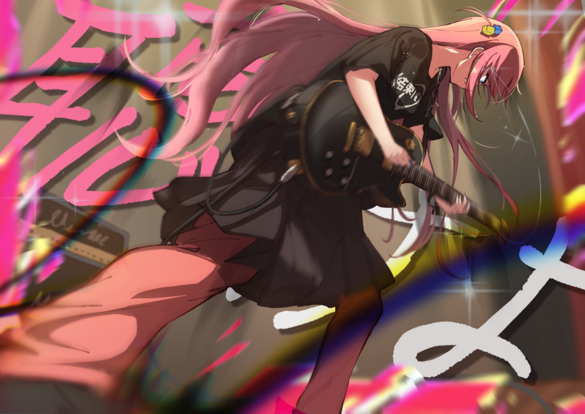 1girl absurdres black_shirt black_skirt blue_eyes blurry blurry_background bocchi_the_rock! commentary_request cube_hair_ornament depth_of_field electric_guitar feet_out_of_frame floating_hair foreshortening from_side gotoh_hitori guitar hair_ornament highres holding holding_instrument holding_plectrum indoors instrument jacket kootee-on leaning_forward long_hair looking_down miniskirt motion_blur music one_side_up pants pink_hair pink_jacket pink_pants playing_instrument pleated_skirt plectrum profile serious shirt short_sleeves skirt solo sound_effects standing track_jacket very_long_hair