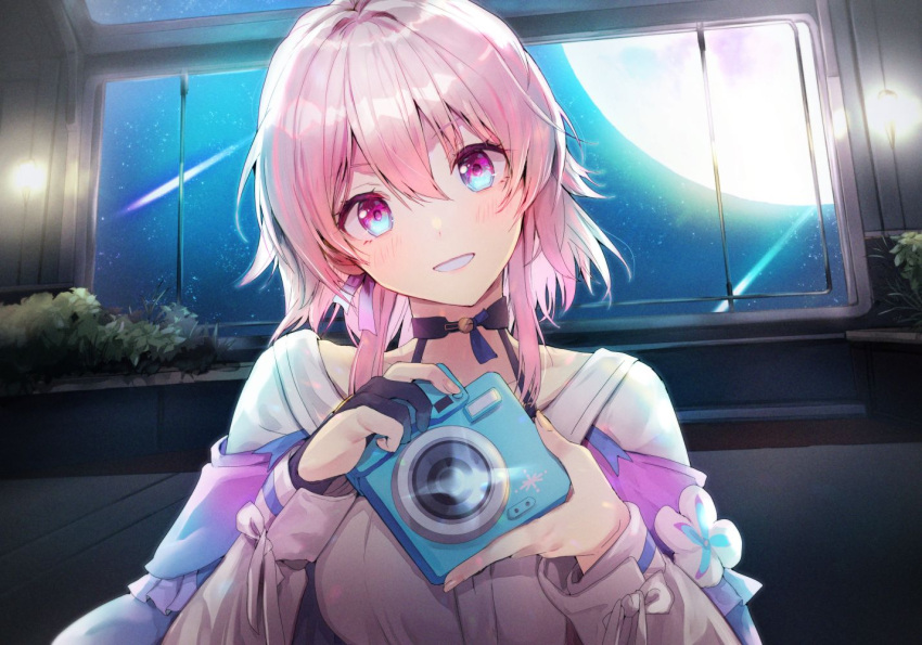 1girl :d archery_shooting_glove black_choker black_gloves blue_eyes blue_jacket blush camera chinese_commentary choker collarbone commentary_request earrings flower_ornament gloves grin hair_between_eyes head_tilt holding holding_camera honkai:_star_rail honkai_(series) jacket jewelry long_sleeves looking_at_viewer march_7th_(honkai:_star_rail) medium_hair partially_fingerless_gloves pink_eyes pink_hair planet portrait second-party_source shirt single_earring single_glove smile solo space straight-on tomozero tree two-tone_eyes wall_lamp white_shirt window