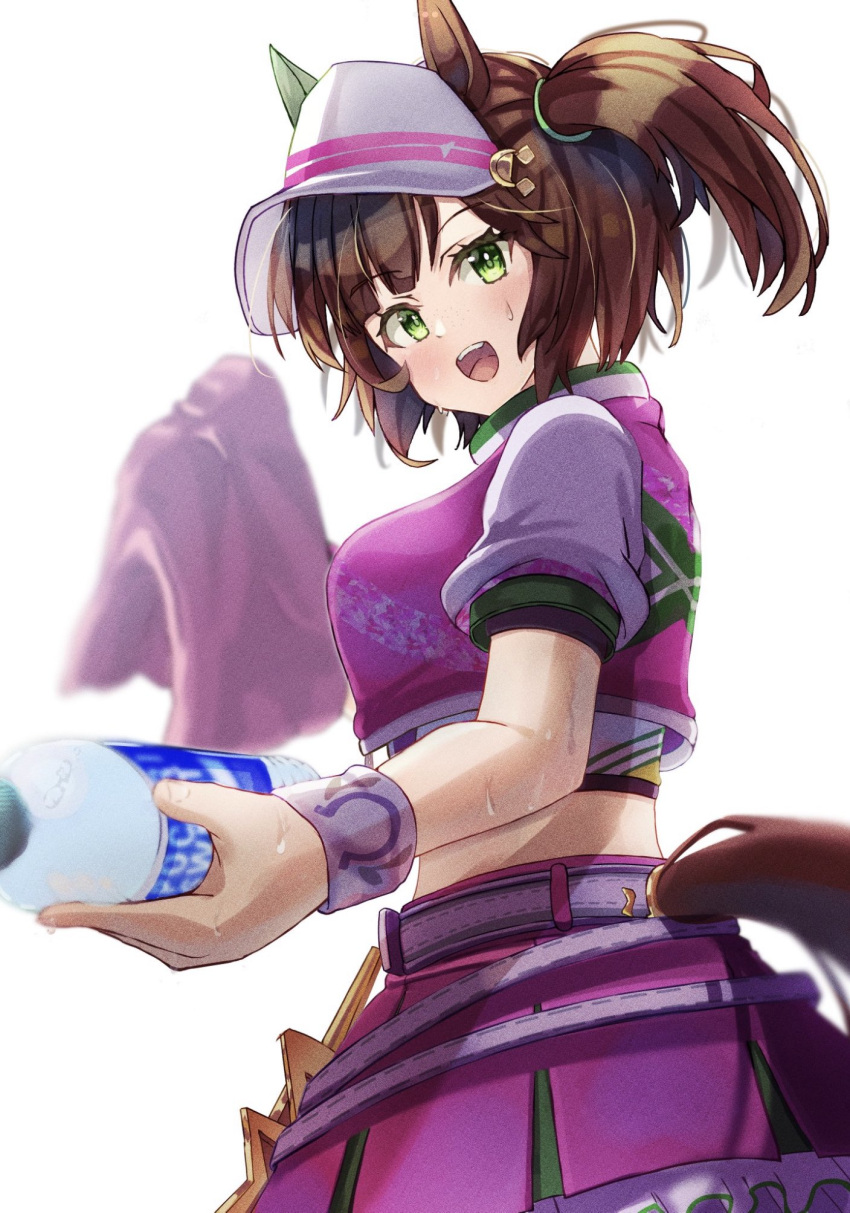 1girl animal_ears belt blush bottle breasts brown_hair crop_top cropped_jacket green_eyes highres holding holding_towel horse_ears horse_girl horse_tail ines_fujin_(umamusume) jacket kamome_(aiou0413) looking_to_the_side midriff open_mouth pink_jacket pink_skirt pocari_sweat reaching_towards_viewer short_hair short_sleeves side_ponytail skirt small_breasts smile solo sweat sweatband tail tail_through_clothes towel umamusume upper_body visor_cap water_bottle