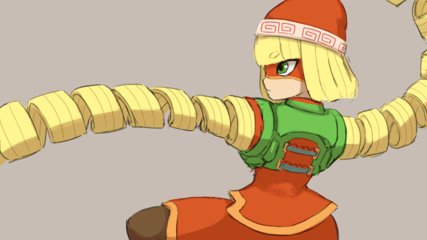 1girl animated animated_gif arms_(game) blonde_hair closed_mouth dragon eye_mask food green_eyes grey_background hat jumping looking_at_viewer mechanical_arms min_min_(arms) noodles pants punching shirt shoes simple_background solo thick_eyebrows tuxedopato