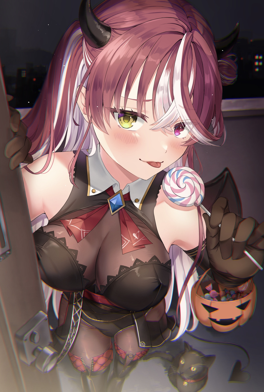 1girl absurdres black_footwear black_gloves black_leotard blush bodystocking boots breasts bucket candy cleavage demon_horns demon_wings elbow_gloves food gloves halloween heterochromia highres holding holding_bucket holding_candy holding_food holding_lollipop hololive horns houshou_marine houshou_marine_(marching_band) large_breasts leotard lollipop looking_at_viewer miroku_yy multicolored_hair official_alternate_costume pink_hair red_eyes red_hair smile solo streaked_hair swirl_lollipop thigh_boots tongue tongue_out virtual_youtuber wings yellow_eyes