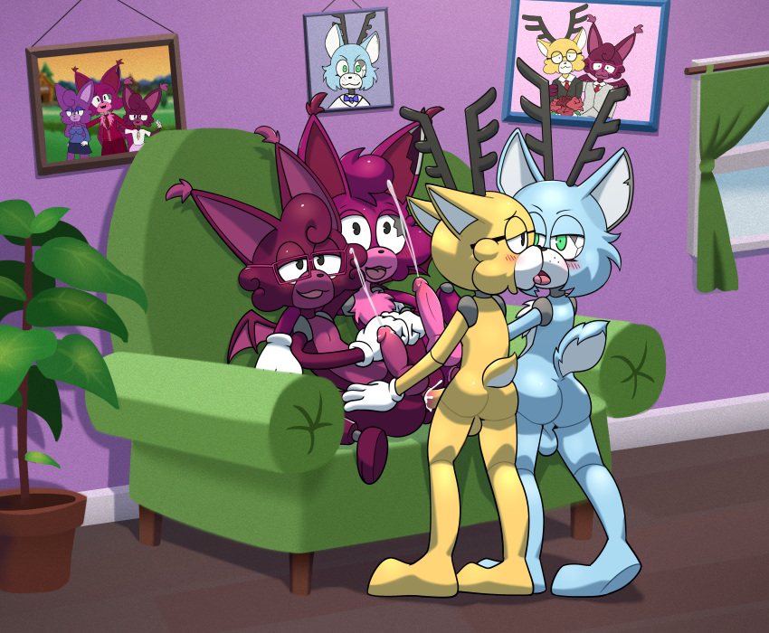 absurd_res anthro bat big_penis blue_body blue_fur bodily_fluids chair cum deer domestic_cat felid feline felis fur furniture genital_fluids genitals group hi_res making_out male male/male mammal nude penis plant purple_body purple_fur sonicinmind toontown_online toony yellow_body yellow_fur