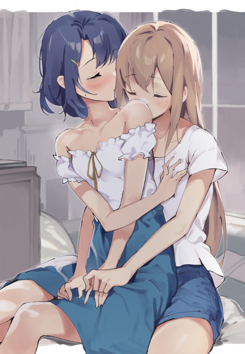 2girls adachi_sakura adachi_to_shimamura bedroom blonde_hair blue_hair blue_skirt closed_eyes cutoff_jeans cutoffs hair_ornament hand_on_another's_chest hand_on_another's_thigh highres hug lamb_(hitsujiniku) light_blush multiple_girls ribbon shimamura_hougetsu shirt simply_detailed_background skirt smelling white_shirt yellow_ribbon yuri