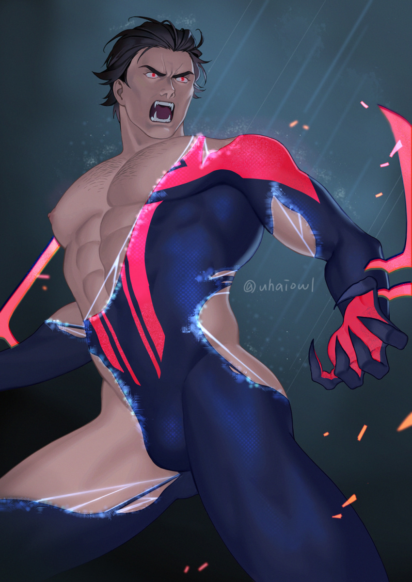 1boy artist_name ass_visible_through_thighs bara bare_pectorals battle battle_damage black_hair blue_bodysuit bodysuit bulge chest_hair claw_pose claws commentary cowboy_shot facing_viewer fangs highres large_pectorals legs_apart male_focus marvel miguel_o'hara muscular muscular_male night nipples open_mouth outdoors pectorals rain red_eyes sanpaku shiny_clothes short_hair signature solo sparse_chest_hair spider-man_(2099) spider-man_(series) spider-verse standing teeth torn_bodysuit torn_clothes twitter_username two-tone_bodysuit uhai