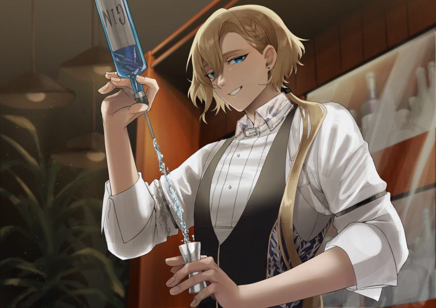 1boy alcohol bartender between_fingers black_ribbon black_vest blonde_hair blue_eyes bottle braid collared_shirt cup earrings french_braid gin_(girls'_frontline_nc) girls'_frontline girls'_frontline_neural_cloud grin hair_behind_ear hair_between_eyes hair_over_shoulder hair_ribbon hanging_light highres holding holding_bottle holding_cup indoors jewelry long_hair looking_at_viewer low_ponytail male_focus mole mole_under_eye pecora_(udpf2448) plant pouring ribbon shelf shirt sleeve_garter sleeves_rolled_up smile solo stud_earrings upper_body vest white_shirt