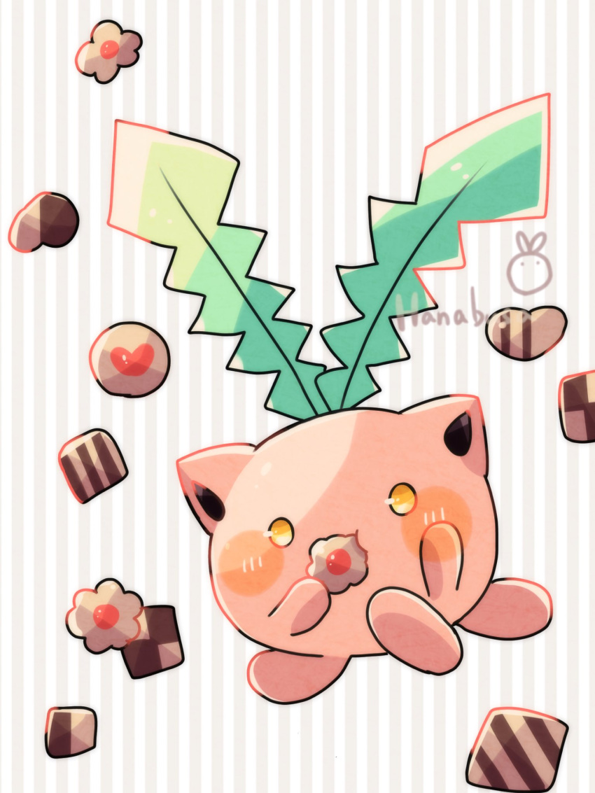 animal_focus artist_name chocolate commentary_request eating hanabusaoekaki highres hoppip no_humans pokemon pokemon_(creature) solid_circle_eyes solo striped striped_background white_background yellow_eyes