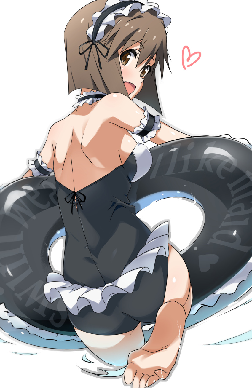 1girl absurdres armband ass back black_innertube black_one-piece_swimsuit black_ribbon blush bob_cut breasts brown_eyes brown_hair choker frilled_choker frills from_behind hagiwara_yukiho hands_up heart highres holding holding_innertube idolmaster idolmaster_(classic) idolmaster_million_live! idolmaster_million_live!_theater_days innertube leg_up looking_at_viewer looking_back medium_breasts one-piece_swimsuit open_mouth ribbon short_hair sideboob simple_background skirt smile soles solo standing standing_on_one_leg strapless_one-piece_swimsuit swimsuit swimsuit_skirt tokiani wading water wet white_armband white_background white_choker white_headdress white_skirt