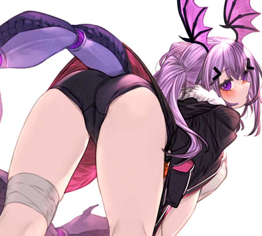 1girl arknights arthropod_girl ass bandaged_leg bandages from_behind fur-trimmed_hood fur_trim head_wings highres hood kochiya_(gothope) leaning_forward looking_at_viewer looking_back manticore_(arknights) pink_wings purple_eyes purple_hair scorpion_girl scorpion_tail short_shorts shorts tail white_background wings