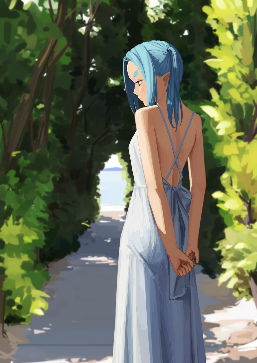 1girl absurdres aqua_hair arms_behind_back day green_eyes highres medium_hair monogatari_(series) nemo_ringo ononoki_yotsugi outdoors pointy_ears shirt solo standing thick_eyebrows twintails white_shirt