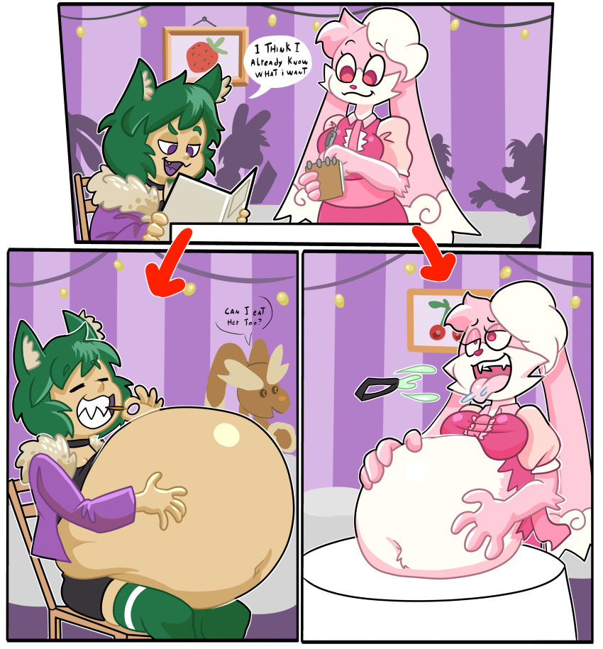 absurd_res animal_humanoid anthro anthro_pred anthro_prey big_breasts bloated breasts burping_up_clothing choker clothing comic crowd dialogue digital_media_(artwork) duo_focus english_text fangs female female_pred female_prey fur generation_4_pokemon green_hair group hair hand_on_own_belly hi_res holding_belly huge_belly humanoid humanoid_pred humanoid_prey jacket jewelry lagomorph leporid light_body light_skin lopunny mammal menu navel necklace nintendo notebook picking_teeth pink_body pink_fur pokemon pokemon_(species) rabbit red_eyes restaurant role_reversal sharp_teeth short_hair silhouette strawberrywith4 teeth text tooth_pick topwear torn_clothing vore waiter white_countershade