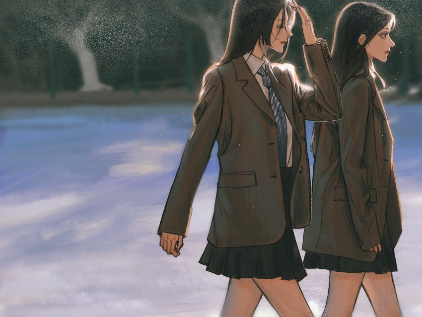 2girls adjusting_hair babybluelove black_skirt blazer blue_necktie brown_jacket closed_eyes collared_shirt from_side haerin_(newjeans) hair_behind_ear highres jacket k-pop looking_ahead minji_(newjeans) multiple_girls necktie newjeans profile real_life school_uniform shirt shirt_tucked_in skirt sleeves_past_wrists walking white_shirt