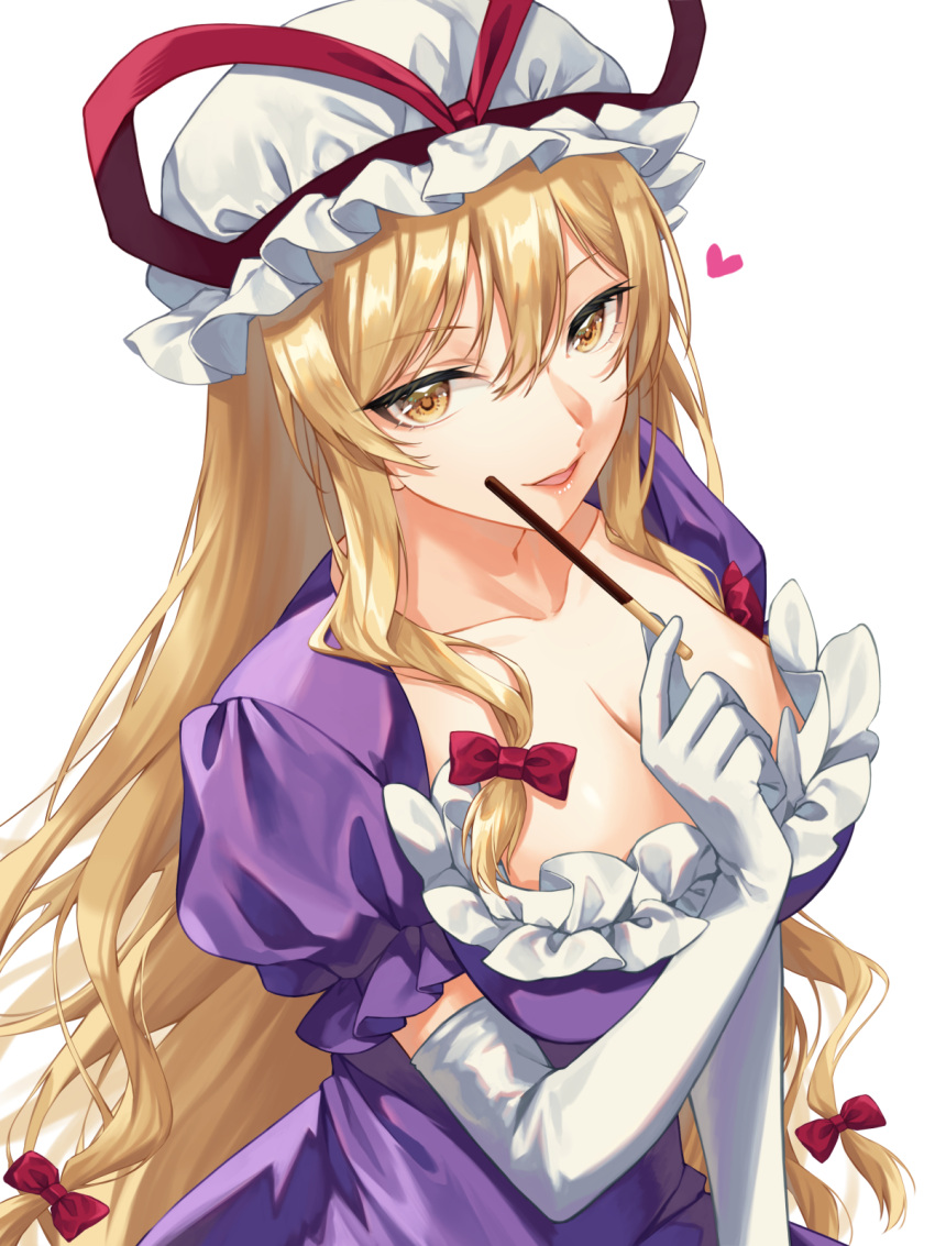 1girl blonde_hair bow breasts cleavage collarbone dress elbow_gloves food gloves hair_bow hat heart highres holding holding_food kirisita large_breasts long_hair mob_cap open_mouth pocky pocky_day puffy_short_sleeves puffy_sleeves purple_dress red_bow short_sleeves simple_background smile solo touhou upper_body white_background white_gloves white_headwear yakumo_yukari yellow_eyes