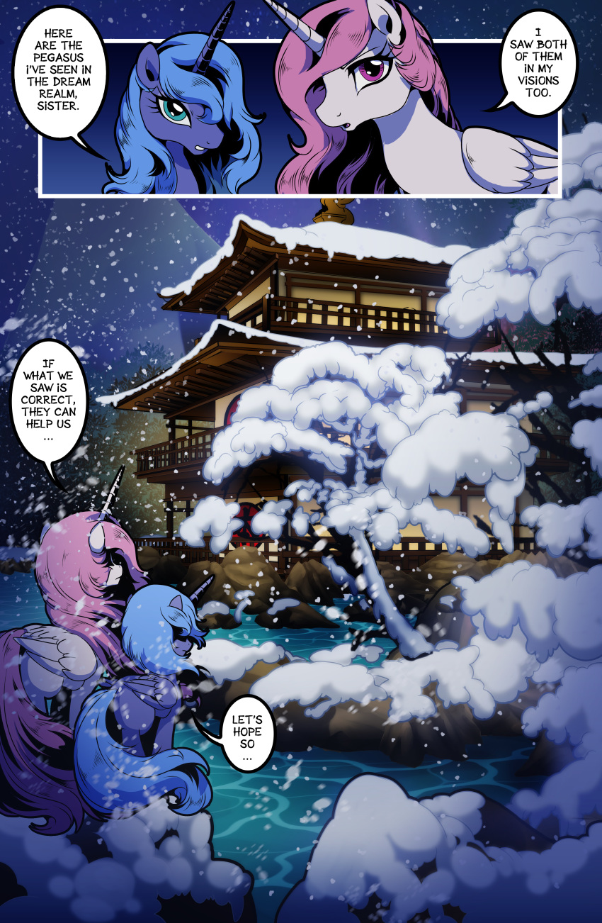 absurd_res building covered_in_snow dialogue dormin-kanna duo ears_up equid equine female feral folded_wings friendship_is_magic hasbro hi_res horn japanese_architecture looking_at_viewer mammal my_little_pony night night_time no_cutiemark one_eye_obstructed open_mouth plant princess_celestia_(mlp) princess_luna_(mlp) sibling sister sisters snow snowing snowing_outside snowstorm standing text tree water winged_unicorn wings