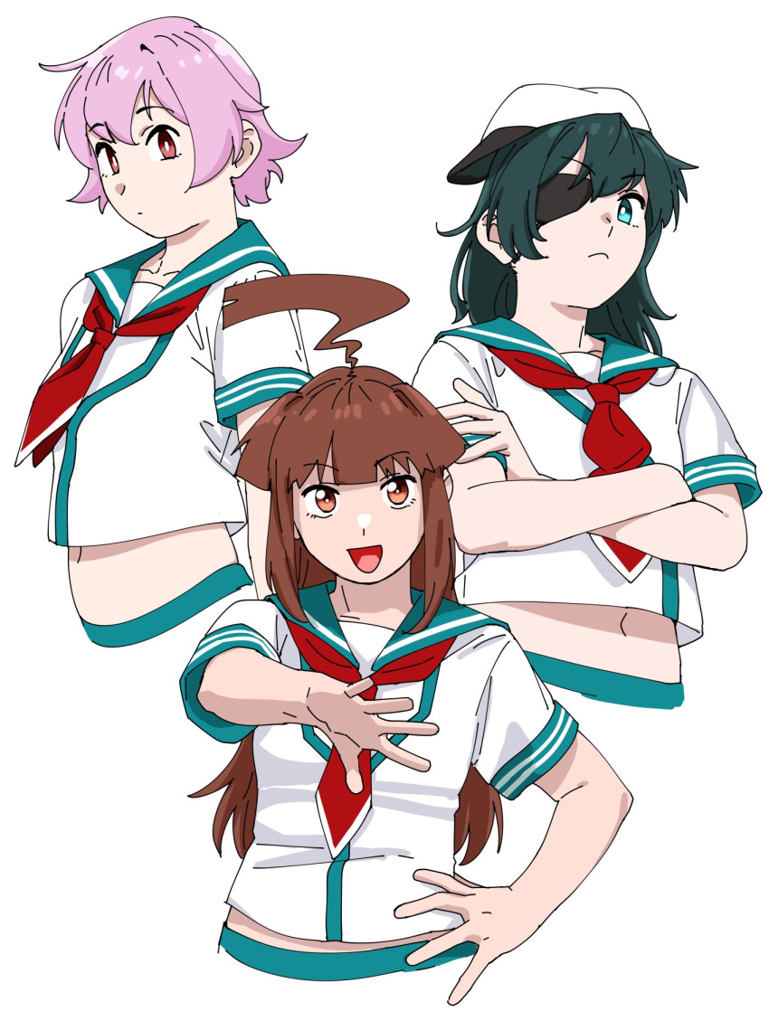 3girls ahoge aqua_eyes breasts brown_eyes closed_mouth commentary_request crossed_arms green_eyes hand_on_own_hip highres kantai_collection kiso_(kancolle) kuma_(kancolle) long_hair midriff multiple_girls navel neckerchief ojipon open_mouth pink_hair red_eyes red_neckerchief shirt short_hair short_sleeves simple_background small_breasts smile tama_(kancolle) white_background white_shirt