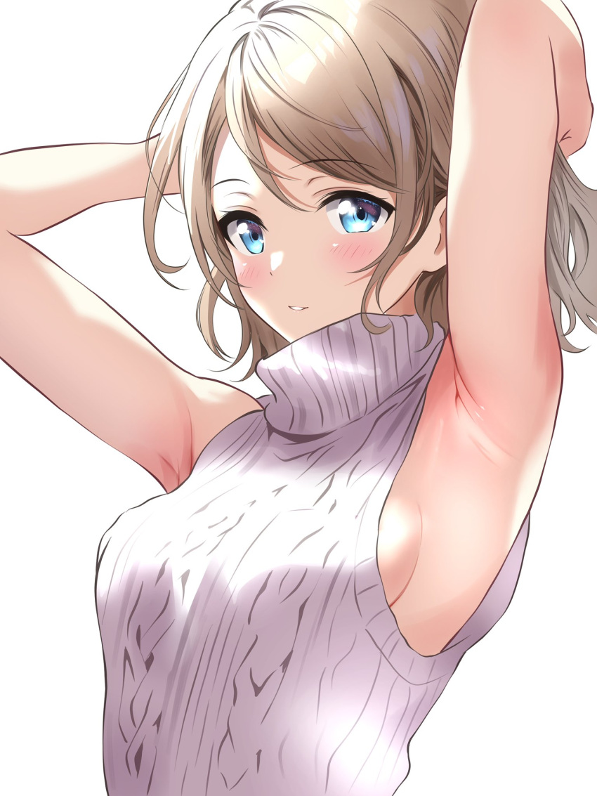 1girl armpits arms_behind_head blue_eyes borgbutler breasts brown_hair cable_knit commentary_request highres looking_at_viewer love_live! love_live!_sunshine!! medium_breasts parted_lips short_hair sideboob sleeveless sleeveless_sweater smile solo sweater turtleneck turtleneck_sweater upper_body watanabe_you white_background white_sweater