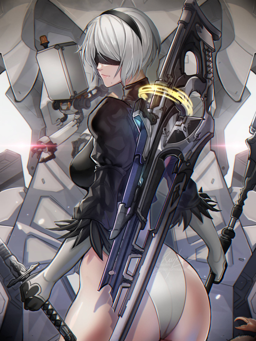 1girl 2b_(nier:automata) absurdres ass black_blindfold blindfold breasts gloves goddess_of_victory:_nikke gun hairband highres holding holding_sword holding_weapon juliet_sleeves leotard long_sleeves looking_back medium_breasts mole mole_under_mouth nier:automata nier_(series) pod_(nier:automata) puffy_sleeves rifle short_hair sword weapon white_hair xuuikie_ashe