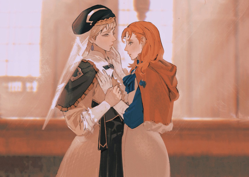 2girls annette_fantine_dominic beret black_capelet black_headwear black_skirt blonde_hair blue_eyes blue_ribbon capelet dress fire_emblem fire_emblem:_three_houses gloves hair_behind_ear hand_on_another's_arm hand_on_another's_chest hand_on_another's_mouth hat hood hood_down hooded_capelet indoors medium_hair mercedes_von_martritz multiple_girls orange_hair parted_lips ribbon short_hair skirt striped striped_ribbon veil white_dress white_gloves xinanfang217 yellow_eyes yuri