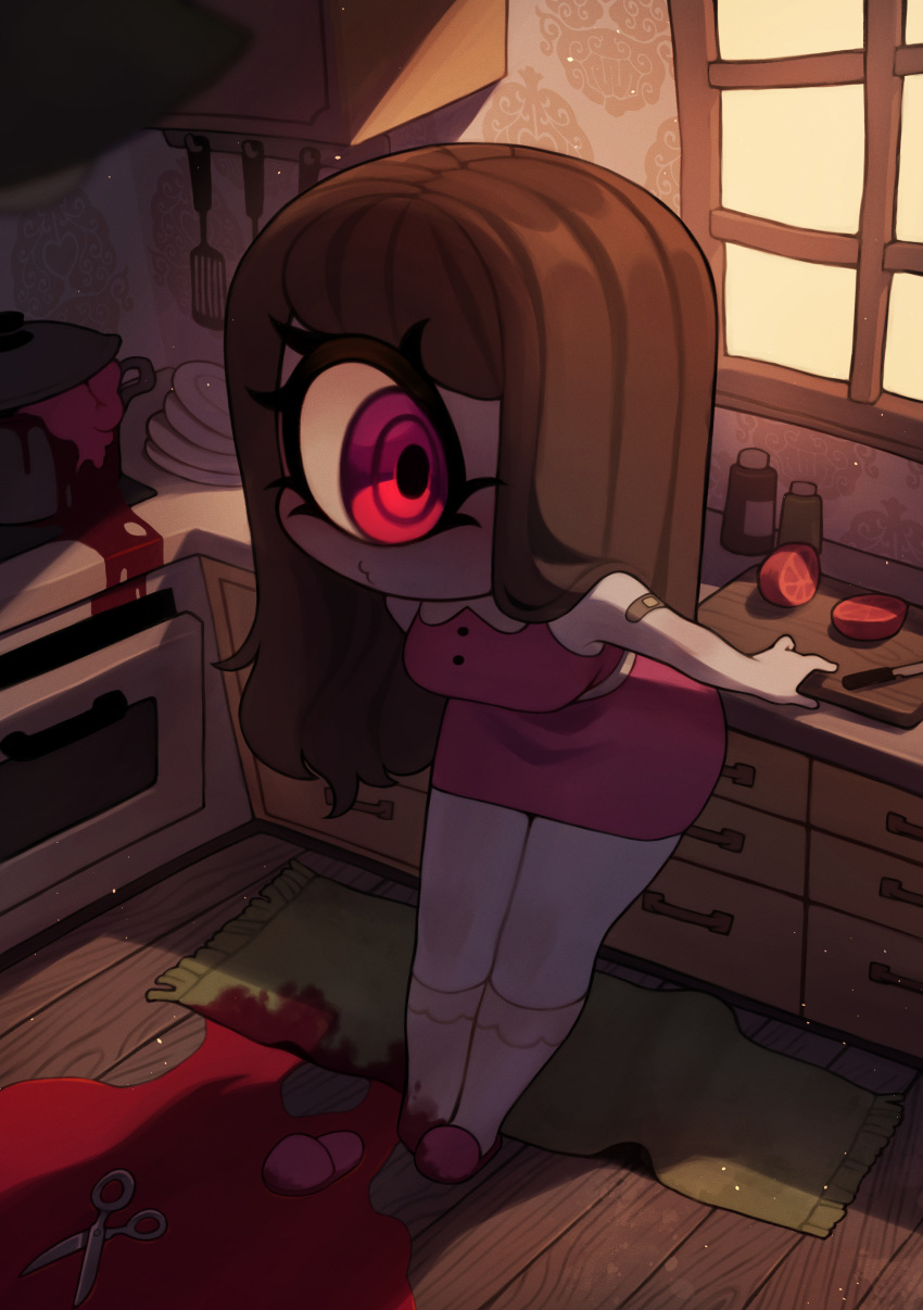 1girl absurdres blood blood_on_clothes blood_on_ground breasts brown_hair commentary cooking_pot cupboard cutting_board cyclops dress full_body highres implied_murder knife long_hair medium_breasts one-eyed original oven plate red_dress red_eyes rug scissors short_dress single_slipper slippers solo spatula tomato window wooden_floor zombiemiso