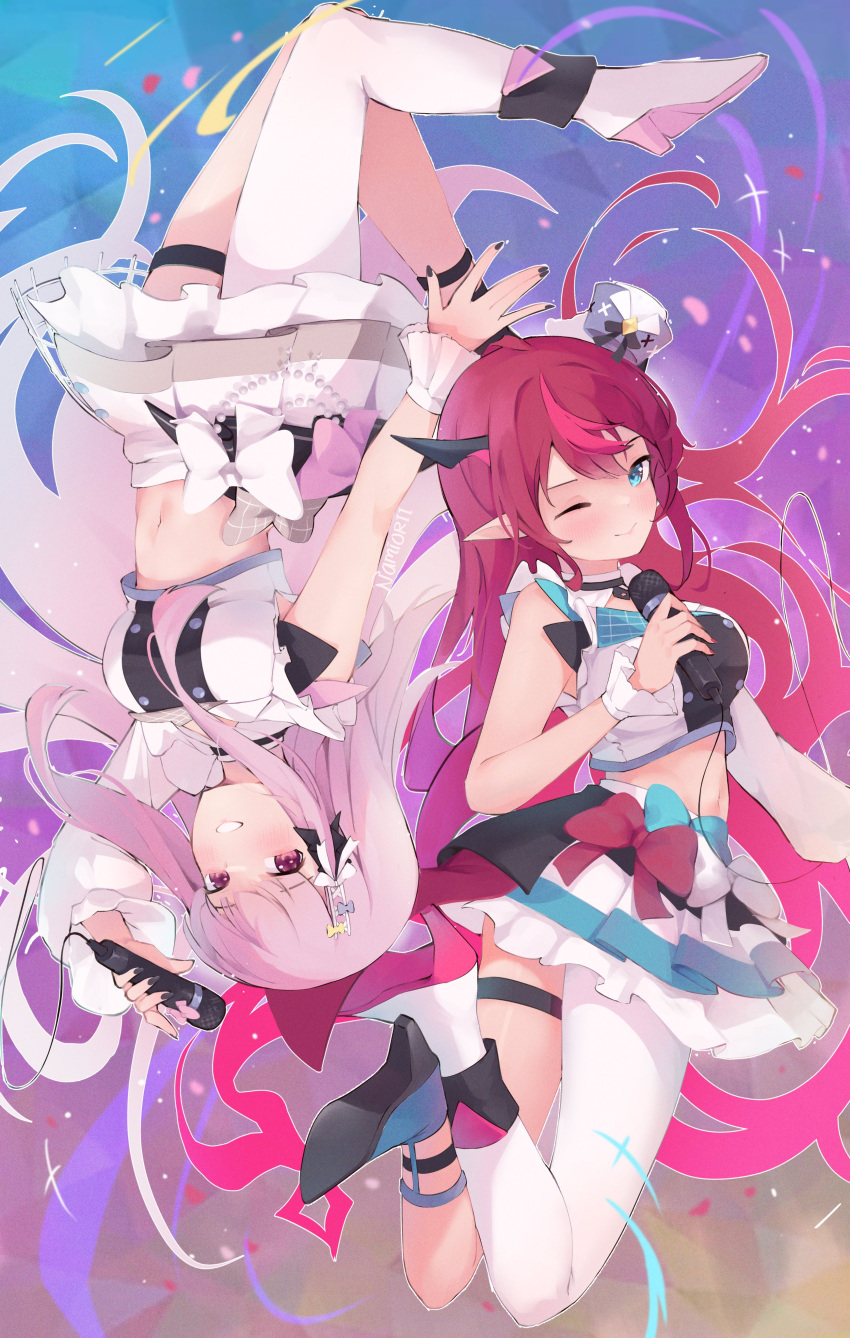 2girls absurdres black_nails blue_eyes breasts cleavage frilled_skirt frills hat high_heels highres holding holding_microphone hololive hololive_english hololive_idol_uniform hololive_idol_uniform_(bright) horns idol_clothes irys_(hololive) large_breasts long_hair looking_at_viewer medium_breasts microphone mini_hat mori_calliope multicolored_hair multiple_girls nail_polish namiorii navel one_eye_closed pink_hair pointy_ears purple_hair red_eyes shirt single_thighhigh skirt smile thigh_strap thighhighs two-tone_hair very_long_hair virtual_youtuber white_footwear white_headwear white_shirt white_skirt white_thighhighs