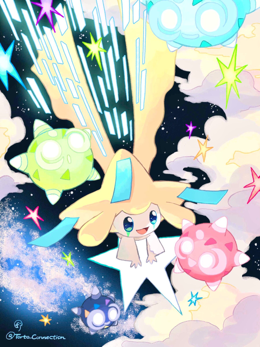 :d :o artist_name blue_eyes chikafuji cloud commentary_request highres jirachi minior minior_(blue_core) minior_(core) minior_(green_core) minior_(indigo_core) minior_(red_core) night night_sky no_humans open_mouth pokemon pokemon_(creature) riding shooting_star sky smile star_(sky) star_(symbol) starry_sky twitter_username