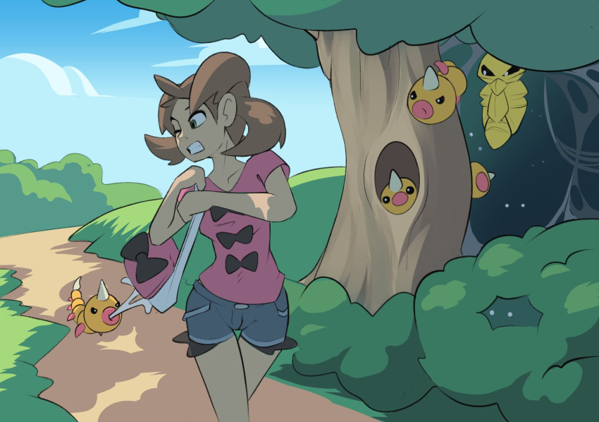 2023 ambiguous_gender blazera bottomwear breasts brown_hair clenched_teeth clothing collarbone female feral generation_1_pokemon hair handbag hi_res human kakuna looking_back mammal nintendo one_eye_closed outside plant pokemon pokemon_(species) shirt shorts shrub teeth topwear tree weedle