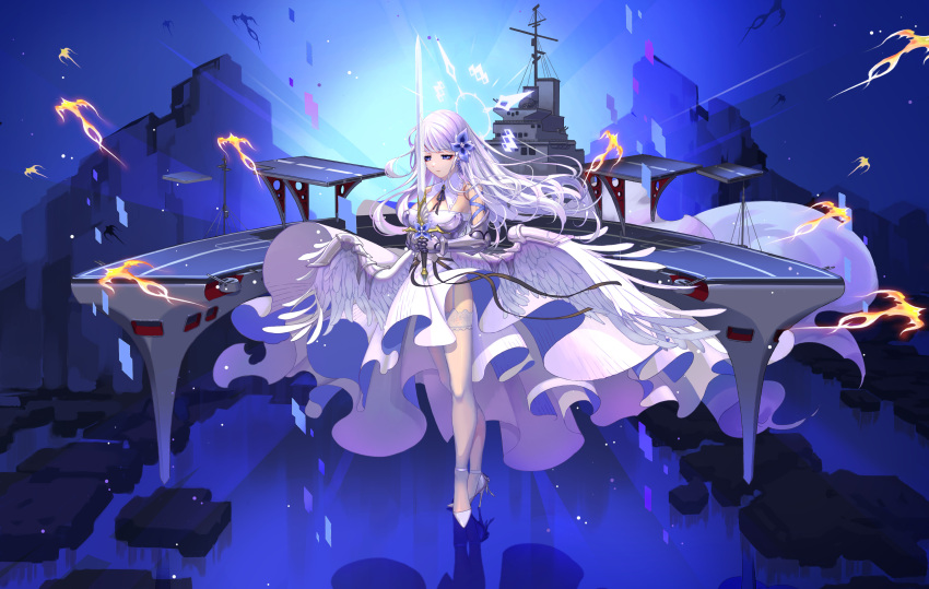 1girl absurdres alternate_costume azur_lane blue_flower blue_ribbon breasts chinese_commentary detached_collar dress flight_deck floating_hair flower garter_straps gauntlets hair_flower hair_ornament high_heels highres holding holding_sword holding_weapon illustrious_(azur_lane) lace-trimmed_legwear lace_trim large_breasts long_dress long_hair ribbon solo stiletto_heels strapless strapless_dress sword thighhighs weapon white_dress white_footwear white_garter_straps white_hair white_thighhighs wings xiaoli_(1507)