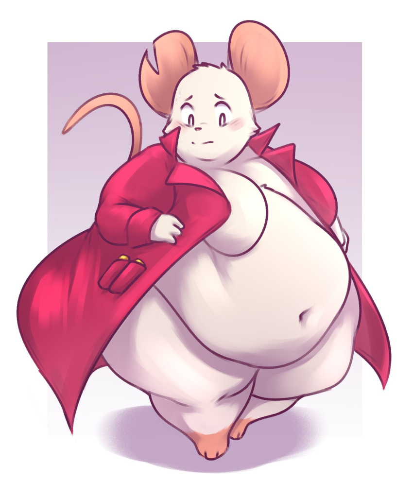 2023 anthro belly big_belly blush breasts clothing coat fat_legs featureless_breasts female hi_res kelpu_(artist) mammal mina_(mina_the_hollower) mina_the_hollower mouse murid murine navel obese obese_anthro obese_female overweight overweight_anthro overweight_female red_clothing red_coat red_topwear rodent simple_background solo thick_thighs topwear wide_hips yacht_club_games