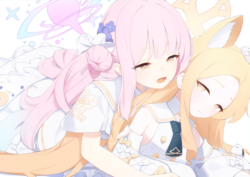 2girls animal_ear_fluff animal_ears bare_shoulders blonde_hair blue_archive blush breasts buttons capelet dabuki detached_sleeves double-breasted dress feathered_wings flower forehead fox_ears gradient_eyes hair_bun hair_flower hair_ornament hair_scrunchie halo highres large_breasts long_hair looking_at_viewer low_wings mika_(blue_archive) multicolored_eyes multiple_girls necktie open_mouth parted_bangs pink_hair sailor_collar scrunchie seia_(blue_archive) sidelocks single_side_bun sleeves_past_fingers sleeves_past_wrists small_breasts white_capelet white_dress white_sailor_collar wings yellow_eyes