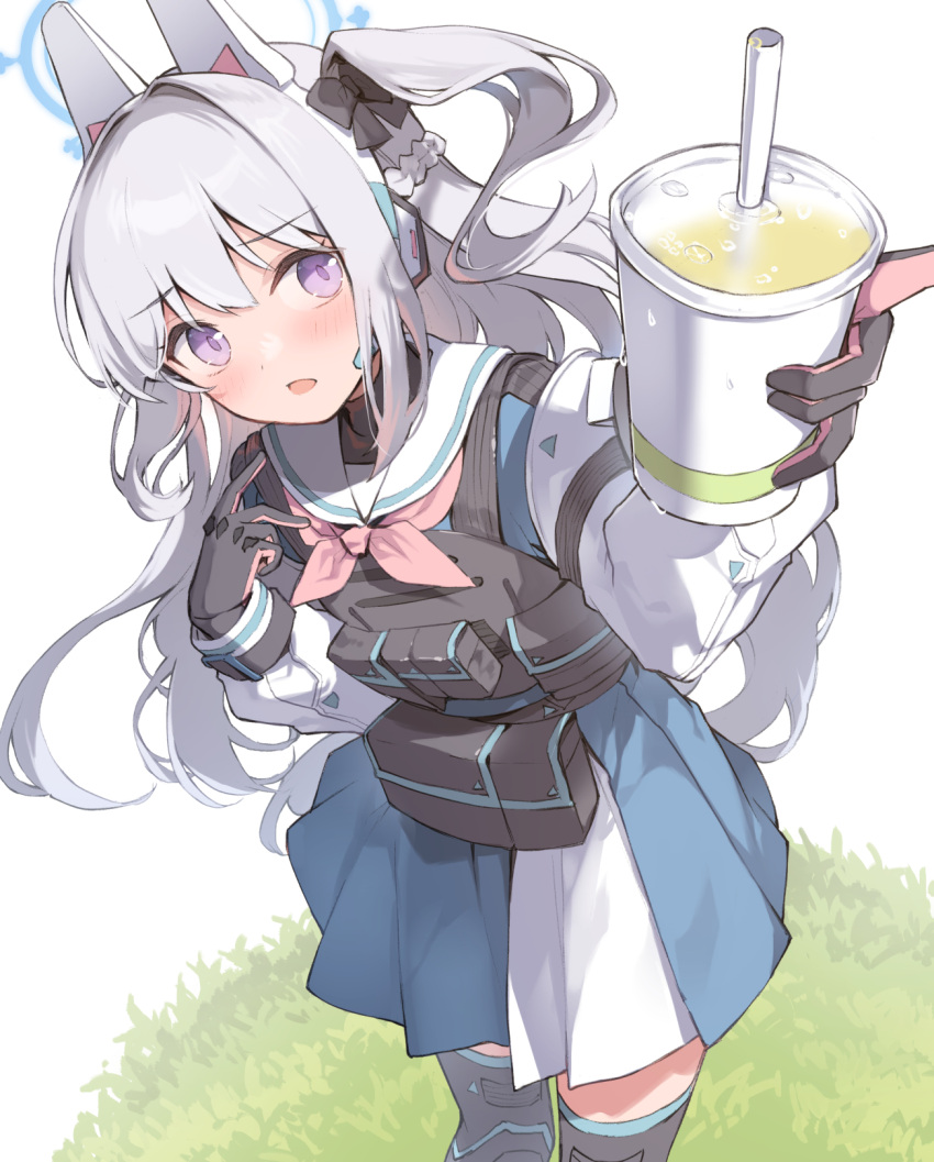 1girl ammunition_pouch animal_ears black_thighhighs black_vest blue_archive blue_halo blue_shirt blue_skirt blush braid bulletproof_vest commentary cropped_legs cup dot_nose drink drinking_straw earpiece fake_animal_ears french_braid from_above grass hair_between_eyes hair_intakes halo hand_up highres holding holding_drink leaning_forward long_hair long_sleeves looking_up miya_kazutomo miyako_(blue_archive) neckerchief one_side_up open_mouth pink_neckerchief pleated_skirt pouch purple_eyes rabbit_ears sailor_collar shirt skirt solo standing thighhighs turtleneck vest white_background white_sailor_collar white_sleeves