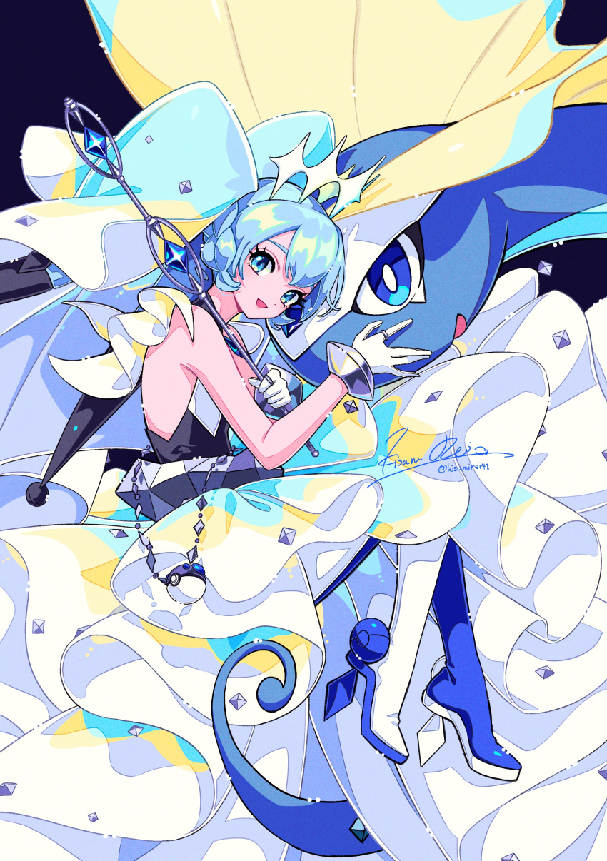 1girl absurdres asymmetrical_footwear aurorus bare_shoulders baton blue_eyes blue_hair boots dress frilled_dress frills gloves hatsune_miku heavy_ball high_heel_boots high_heels highres jewelry kisumi_rei looking_at_viewer pendant poke_ball pokemon pokemon_(creature) project_voltage ring rock_miku_(project_voltage) tiara veil vocaloid white_gloves