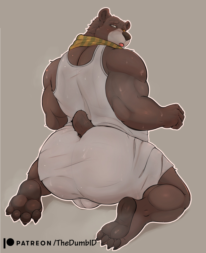 absurd_res back_muscles bear bodily_fluids bottomwear bulge butt clothing hi_res looking_at_viewer male mammal musclegut muscular muscular_male papa_bear_(puss_in_boots) paws rear_view shirt shorts shy solo sweat sweaty_butt the_dumbid topwear