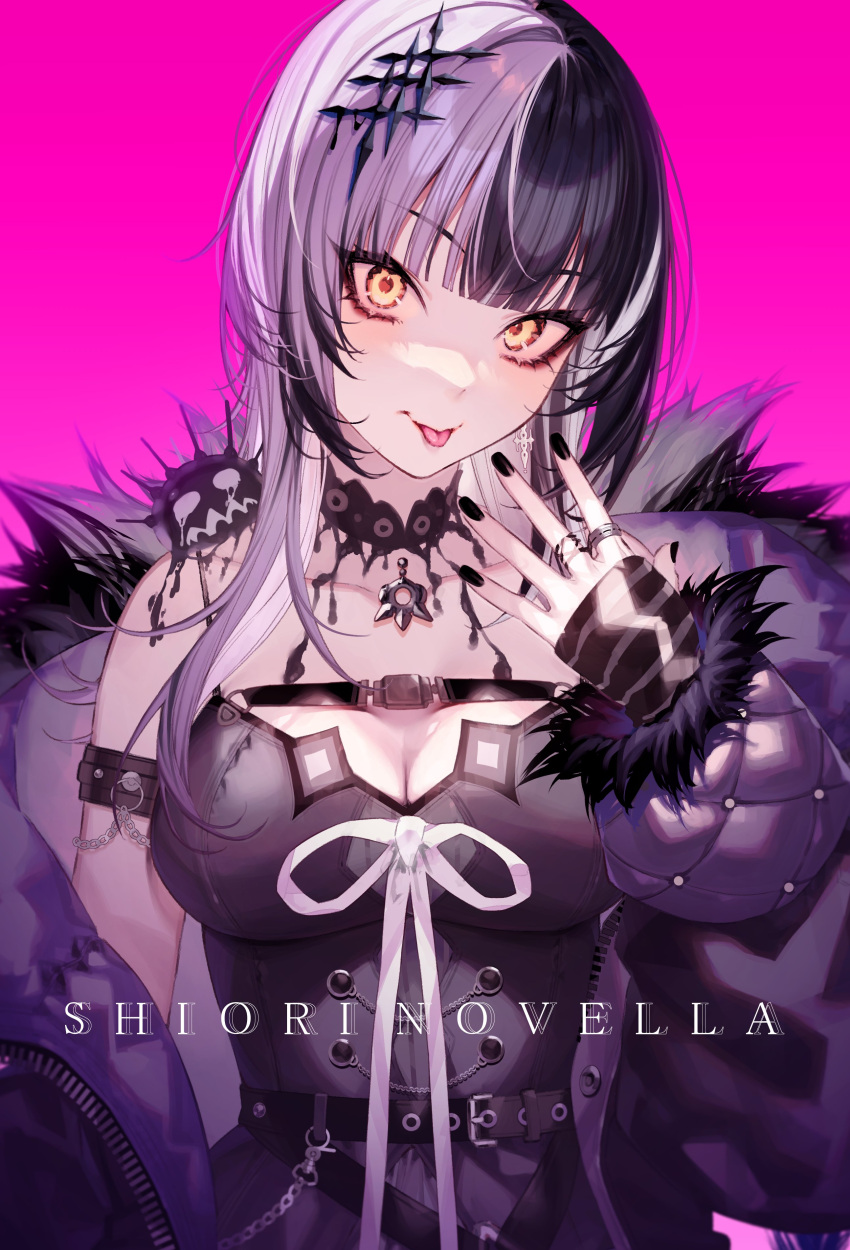 1girl absurdres belt black_belt black_choker black_dress black_gloves black_hair black_jacket breasts character_name choker cleavage collarbone cross cross_earrings dress earrings eyeshadow fingerless_gloves fur-trimmed_jacket fur_trim gloves hair_ornament highres hololive hololive_english jacket jewelry kayahara large_breasts long_hair looking_at_viewer makeup mixed-language_commentary multicolored_hair nail_polish open_clothes open_jacket pink_background ribbon ring shiori_novella simple_background sleeveless solo split-color_hair streaked_hair tongue tongue_out two-tone_hair virtual_youtuber white_hair white_ribbon yellow_eyes