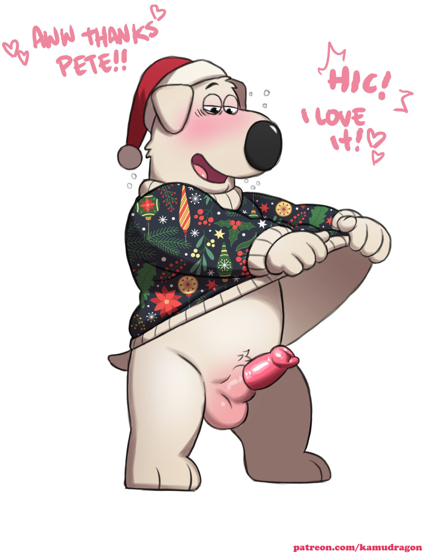 absurd_res animal_genitalia animal_penis anthro balls bottomless brian_griffin canid canine canine_genitalia canine_penis canis christmas christmas_clothing christmas_headwear christmas_sweater christmas_topwear clothed clothing domestic_dog drunk erection family_guy genitals hat headgear headwear hi_res holidays kamudragon male mammal penis santa_hat sheath simple_background substance_intoxication sweater topwear white_background