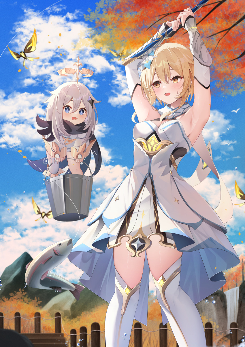2girls absurdres armpits bare_shoulders black_gloves blonde_hair blue_eyes blue_sky blush boots branch breasts bucket bug bush butterfly cloud cloudy_sky crystal crystal_hair_ornament crystalfly_(genshin_impact) day detached_sleeves dress drooling ekidona fence fishing_rod flower flying genshin_impact gloves grey_dress grey_hair hair_between_eyes hair_ornament halo highres holding holding_bucket holding_fishing_rod long_sleeves looking_at_another looking_to_the_side lumine_(genshin_impact) medium_breasts mountain multiple_girls open_mouth outdoors paimon_(genshin_impact) ribbon short_hair short_hair_with_long_locks sidelocks sky smile standing star_(symbol) tongue tree vision_(genshin_impact) water_drop white_dress white_flower white_footwear white_ribbon wide_sleeves wings yellow_butterfly yellow_eyes