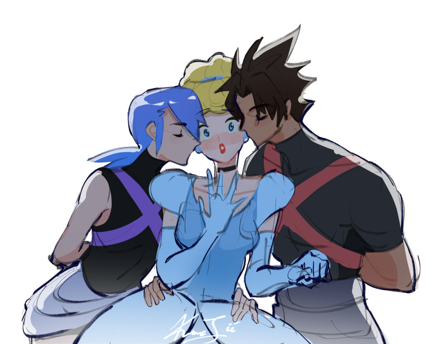 1boy 2girls aqua_(kingdom_hearts) arm_around_waist bisexual_female blonde_hair blue_eyes blue_hair blush brown_hair cinderella cinderella_(disney) closed_eyes double_cheek_kiss dress highres kingdom_hearts kingdom_hearts_birth_by_sleep kiss kissing_cheek kwoojii looking_at_viewer multiple_girls simple_background sleeveless surprised terra_(kingdom_hearts) upper_body