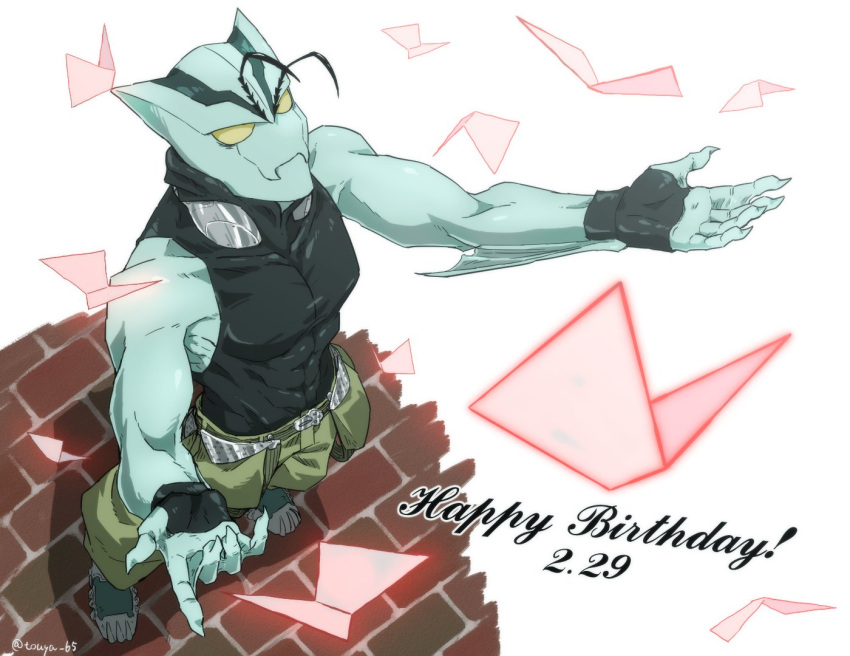 1boy abs antennae brick_floor cargo_pants dated fingerless_gloves gloves green_pants happy_birthday kekkai_sensen looking_up male_focus muscular muscular_male pants pectorals sleeveless sleeveless_turtleneck solo touya_65 turtleneck zed_o'_brien